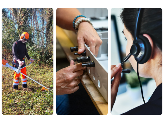 3 photos : une débroussailleuse, un coffret câblage et un micro-casque